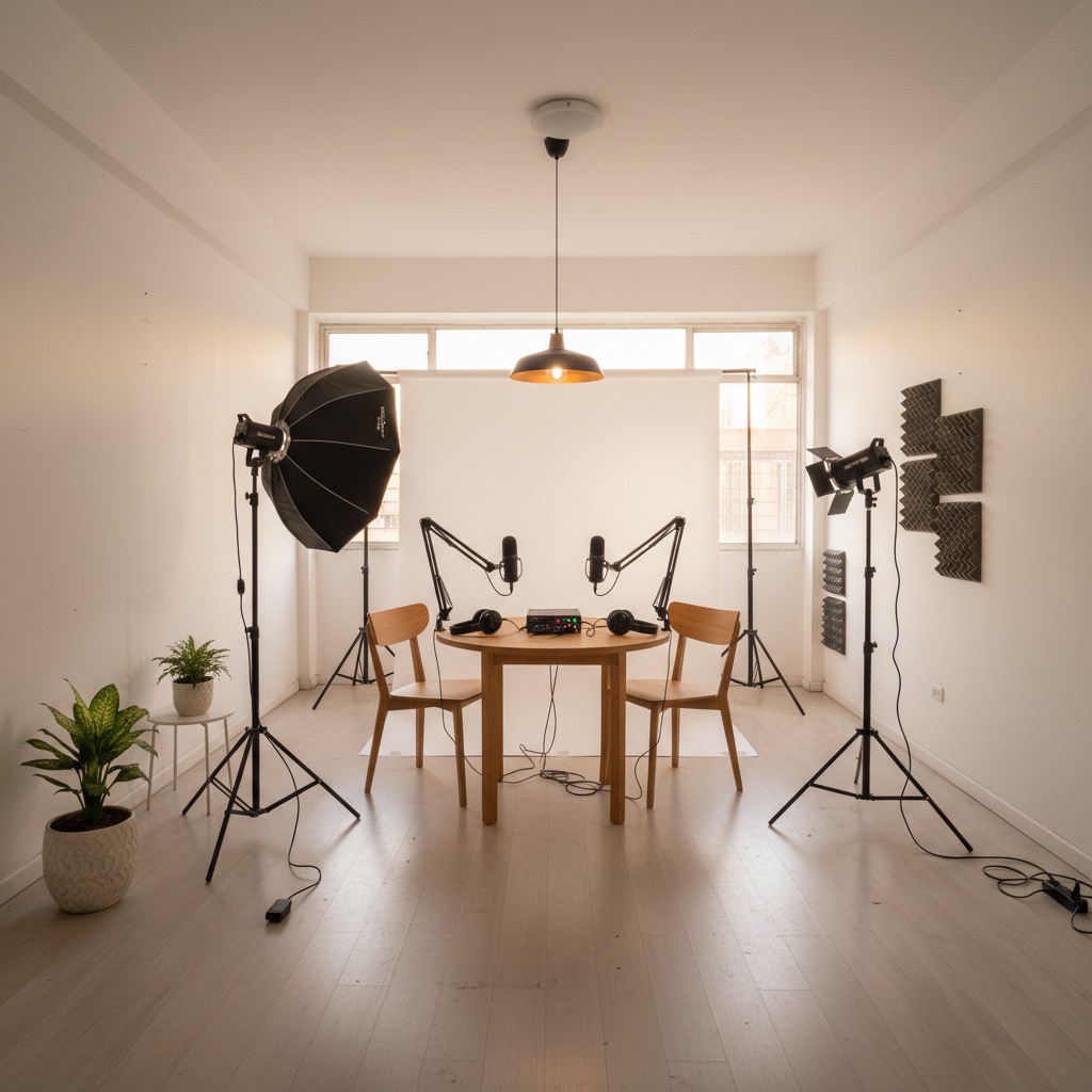Setup de podcast con micrófonos profesionales